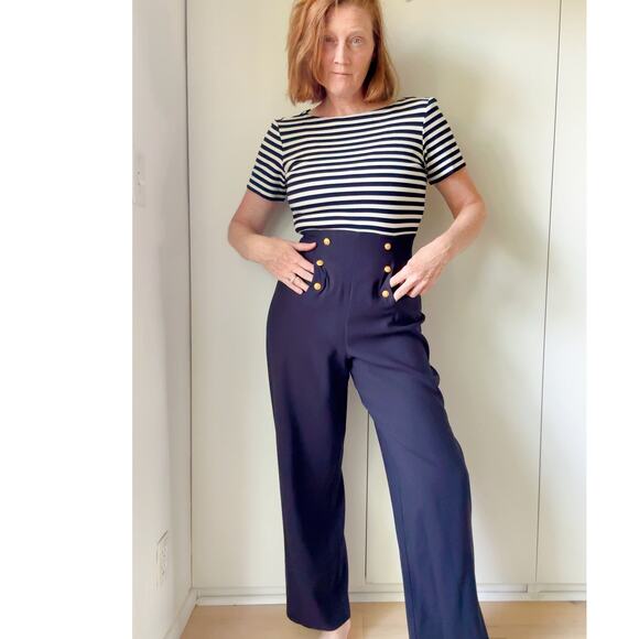 Vintage 90s Sailor Style Jumpsuit Navy White Nautical Wide Leg Size Sm/4 - Picture 8 of 8